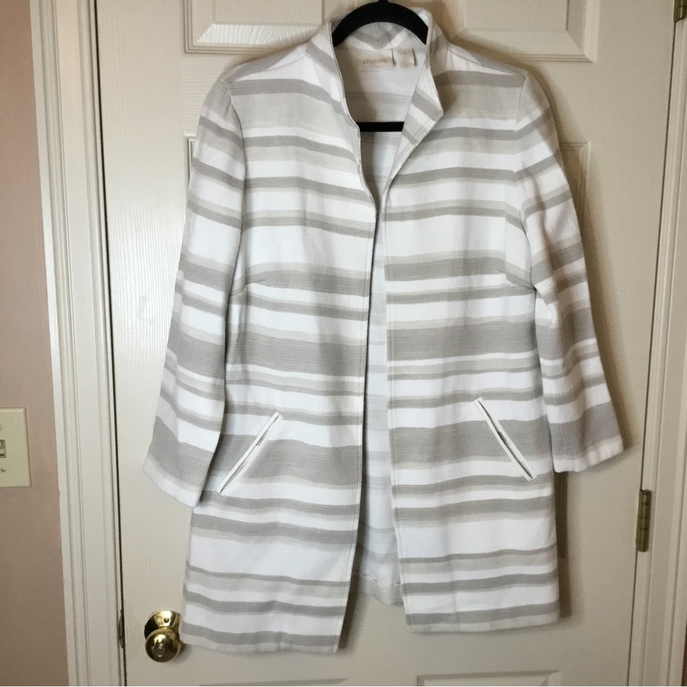 Chico’s Open Front Cream & Tan Striped Lightweight Jacket - Size 8/Chico’s 1